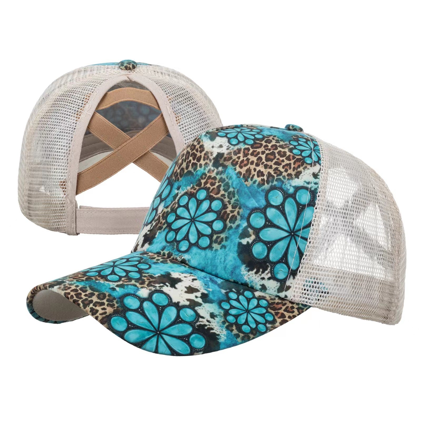 Wholesale Printed frayed edge cross ponytail baseball cap